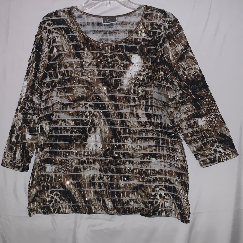 M collection polyester spandex tan black large size ladies gold sequin top.